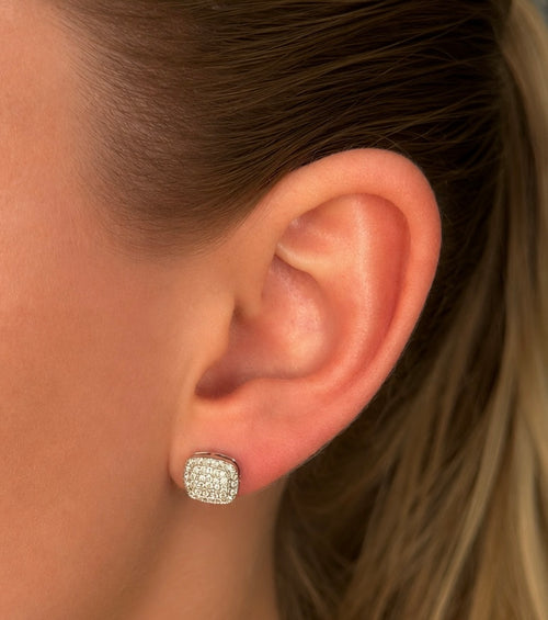 Cushion Diamond Earrings worn on ear